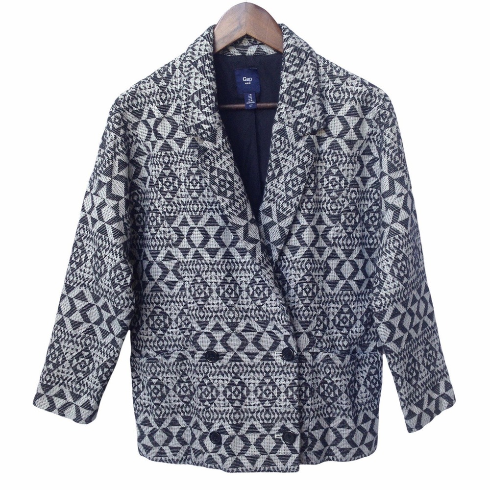 Gap Blazer Women Medium Blue Geometric Jacquard Double Breasted Woven Excellent